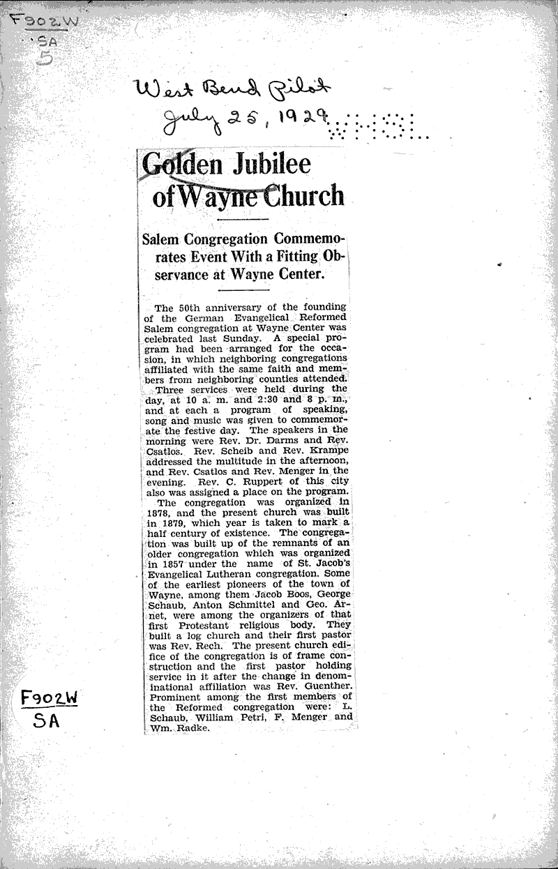  Source: West Bend Pilot Topics: Church History Date: 1929-07-25