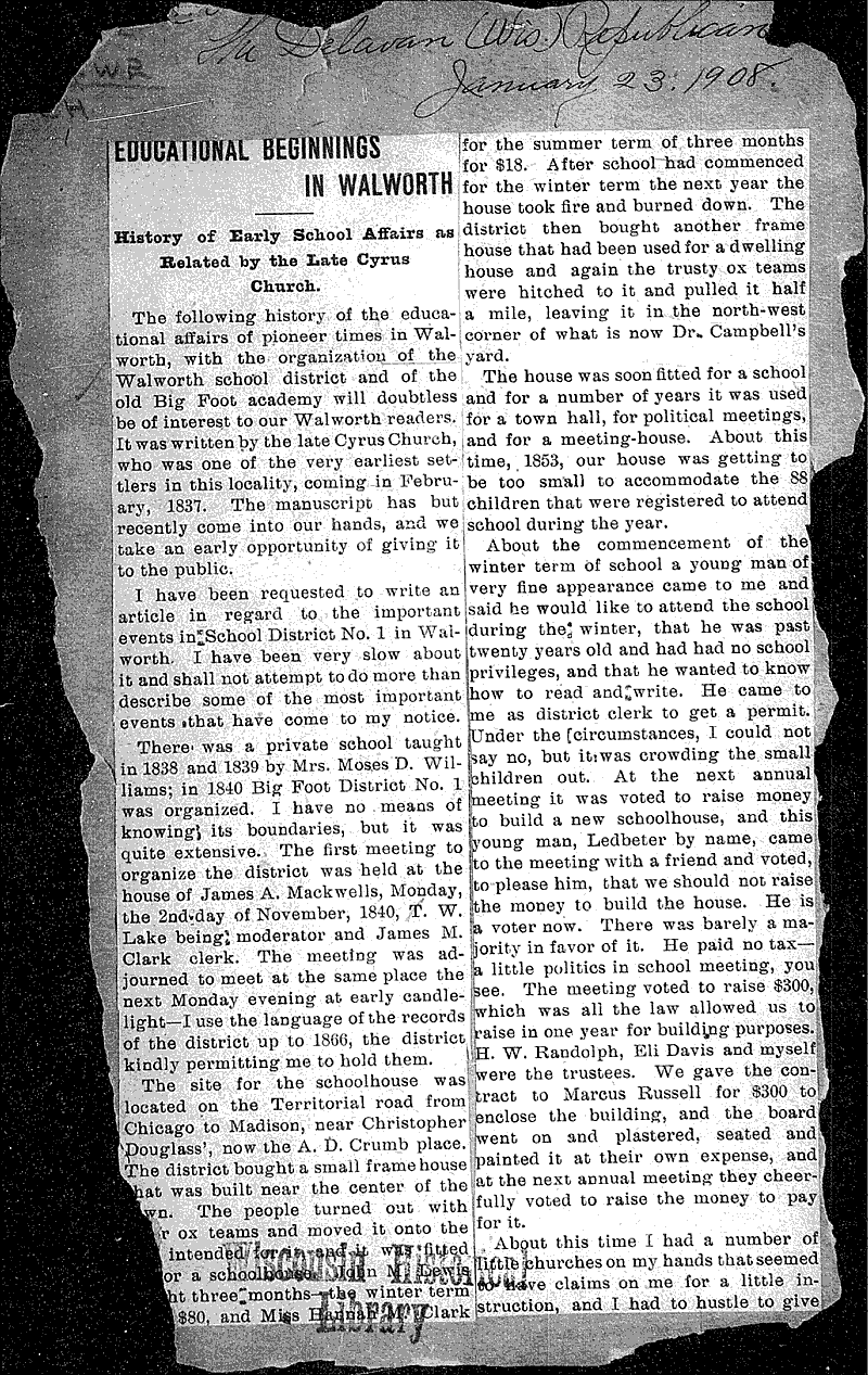 Educational beginnings in Walworth Newspaper Article/Clipping