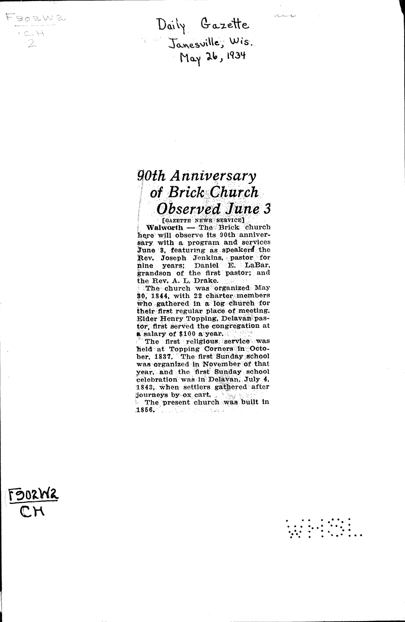  Source: Janesville Daily Gazette Topics: Church History Date: 1934-05-26