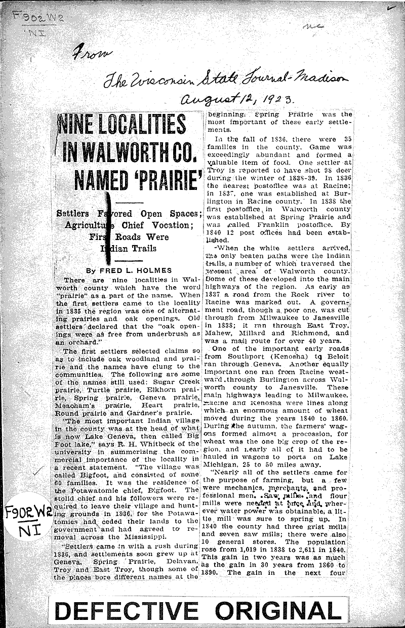 Nine localities in Walworth Co. named 'Prarie' Newspaper Article