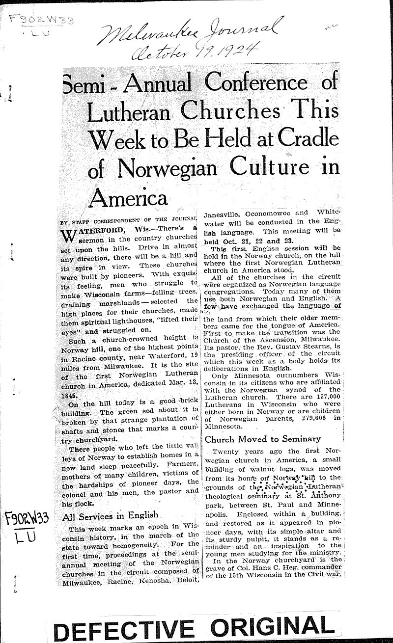  Source: Milwaukee Journal Topics: Church History Date: 1924-10-19