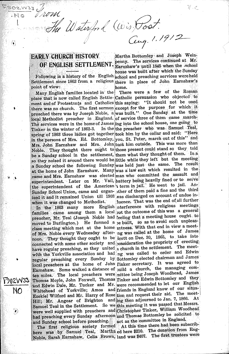  Source: Waterford Post Topics: Church History Date: 1912-08-01