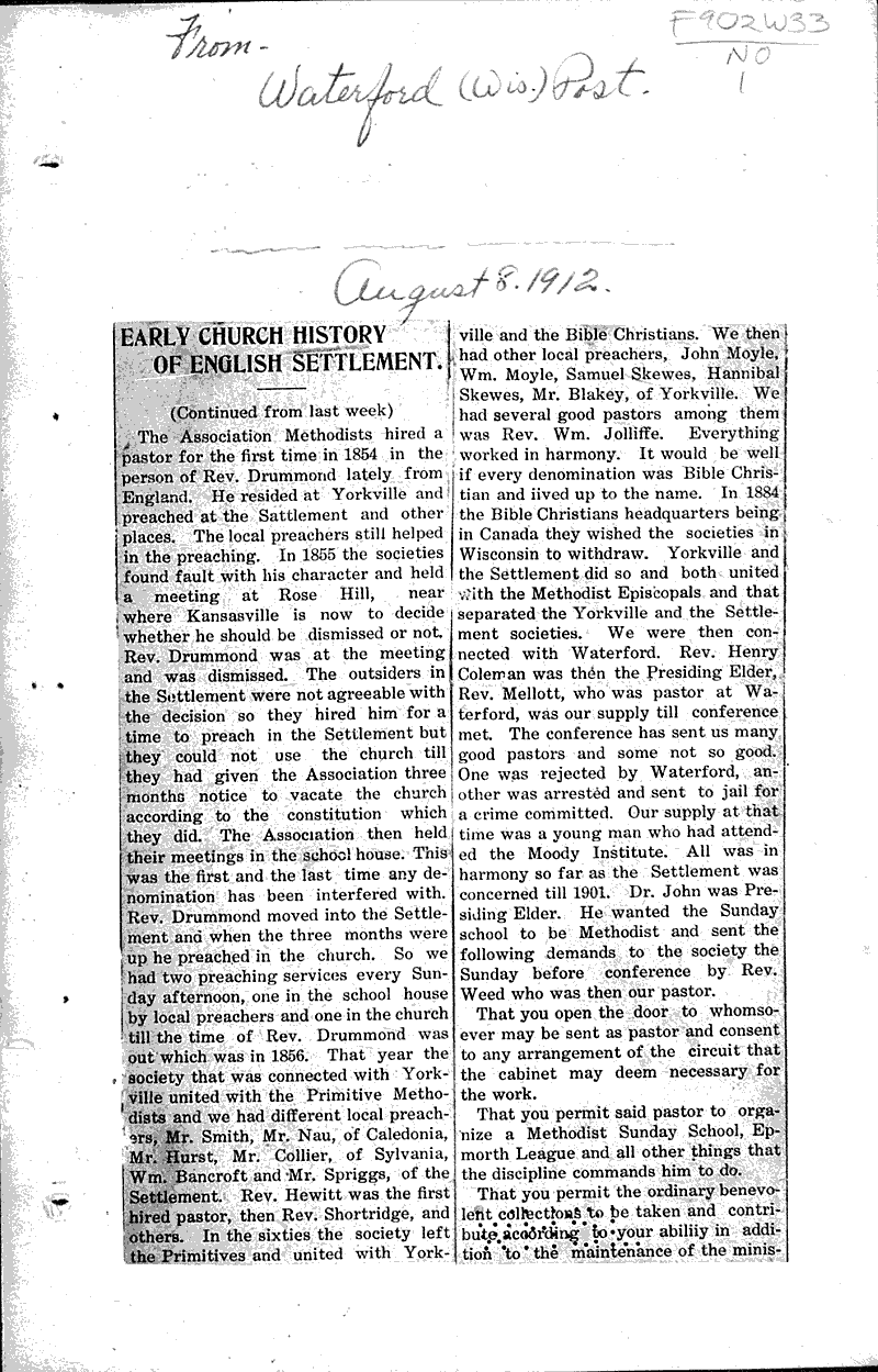  Source: Waterford Post Topics: Church History Date: 1912-08-01