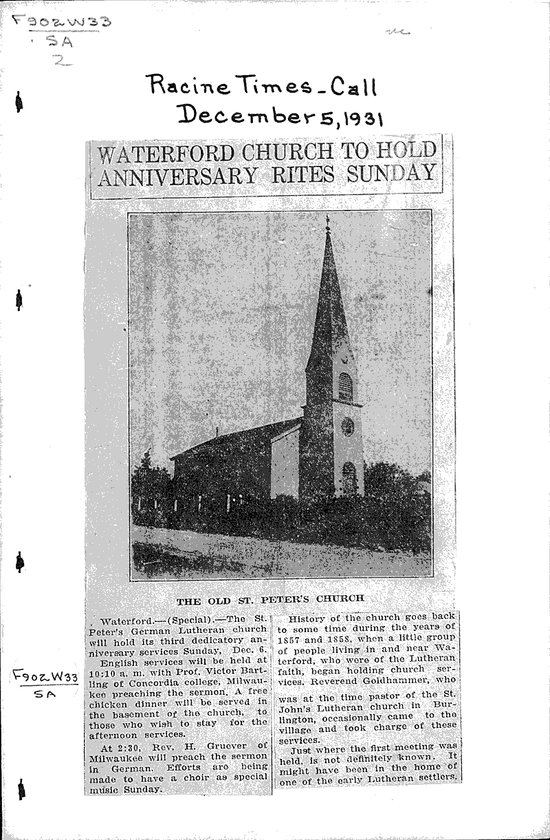  Source: Racine Times Call Topics: Church History Date: 1931-12-05