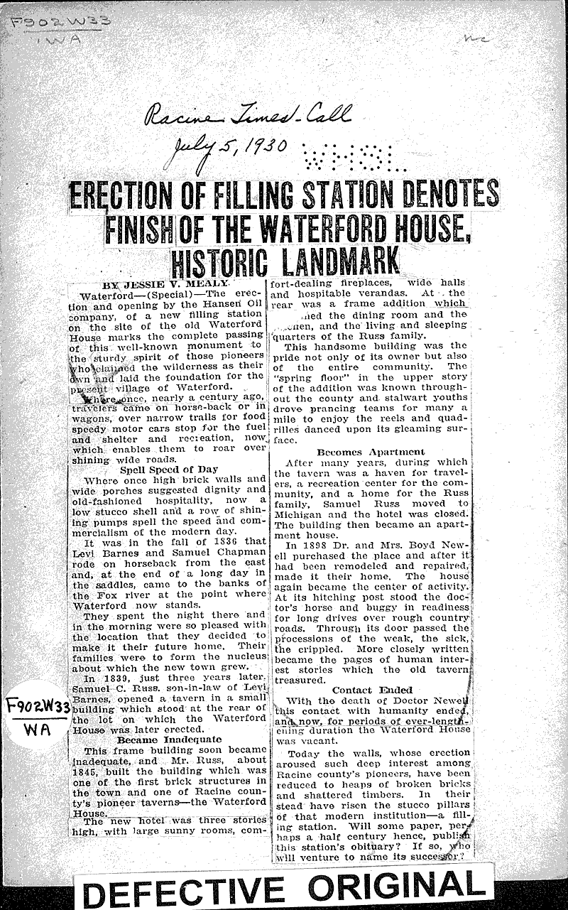  Source: Racine Times Call Topics: Architecture Date: 1930-07-05