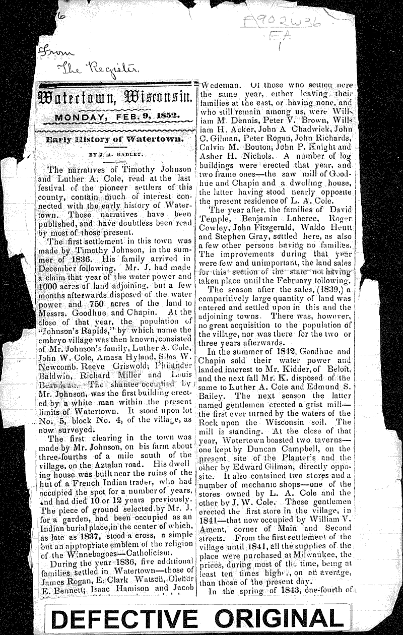 Early history of Watertown Newspaper Article/Clipping Wisconsin