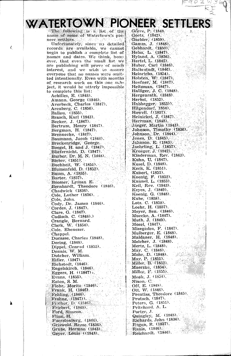 Watertown pioneer settlers Newspaper Article/Clipping Wisconsin