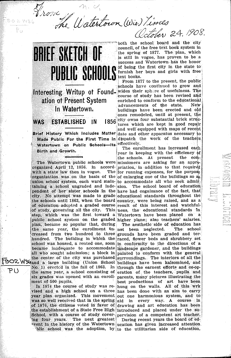  Source: Watertown Times Topics: Education Date: 1908-10-24