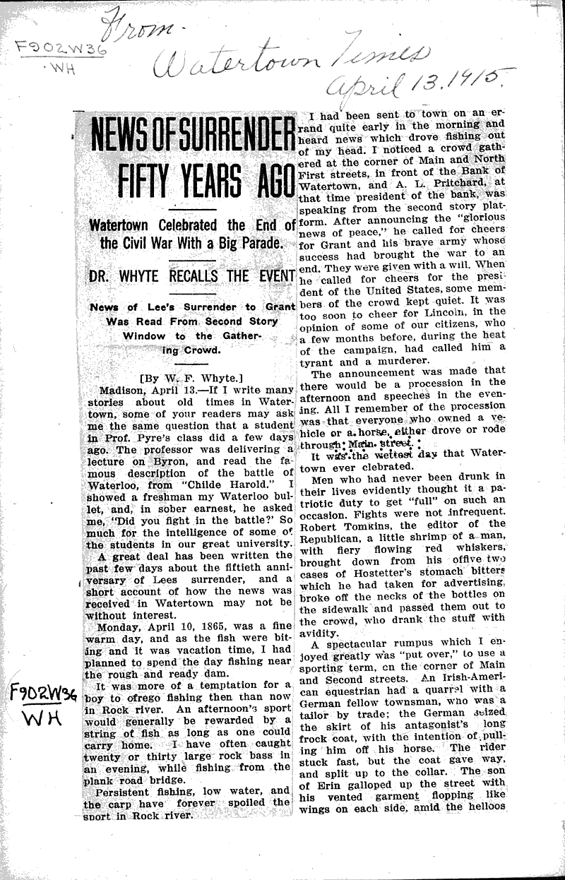  Source: Watertown Times Topics: Civil War Date: 1915-04-13