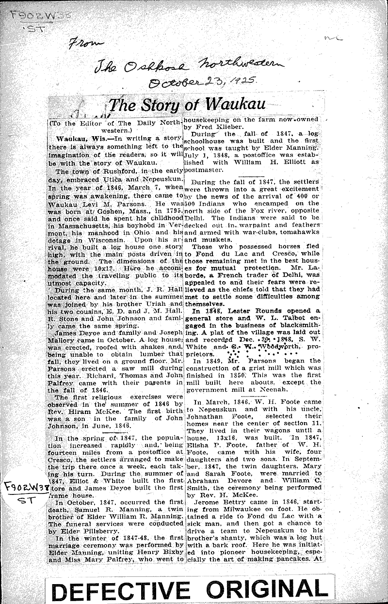  Source: Oshkosh Northwestern Date: 1925-10-23