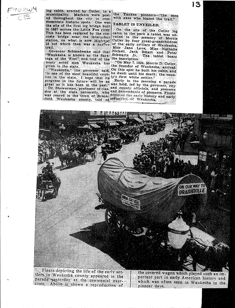 Waukesha celebrates white man's arrival Newspaper Article/Clipping