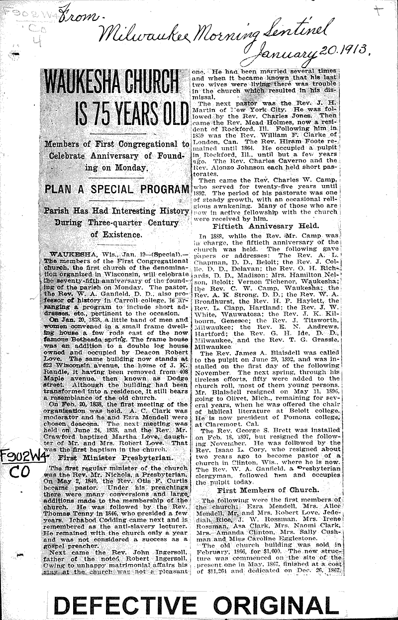  Source: Milwaukee Morning Sentinel Topics: Church History Date: 1913-01-20