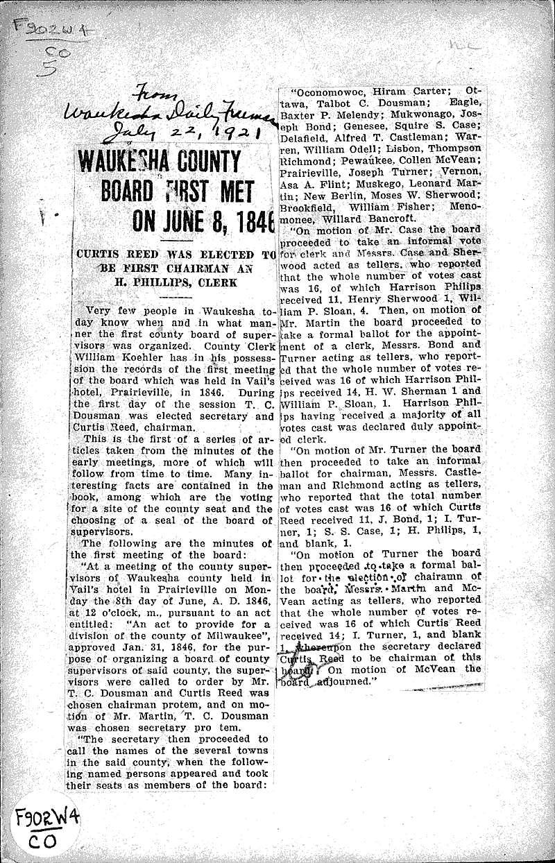  Source: Waukesha Daily Freeman Topics: Government and Politics Date: 1921-07-22