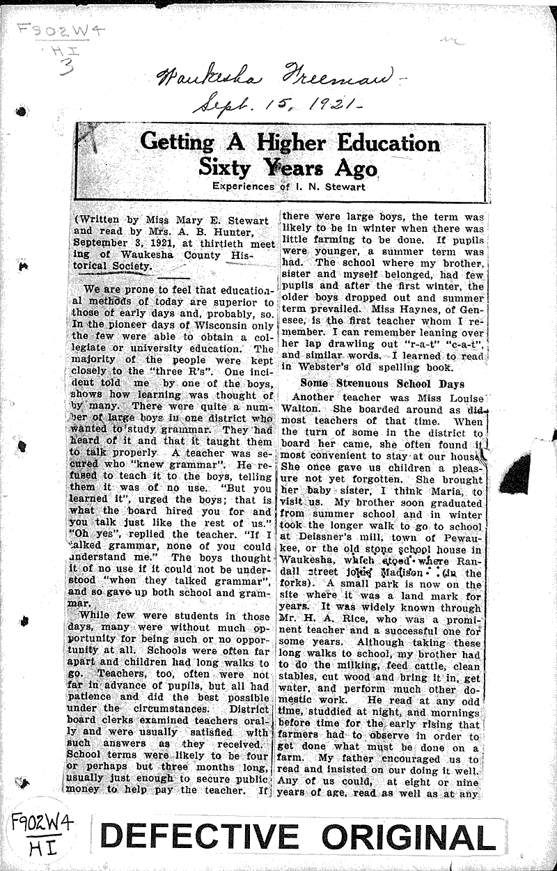  Source: Waukesha Freeman Topics: Education Date: 1921-09-15