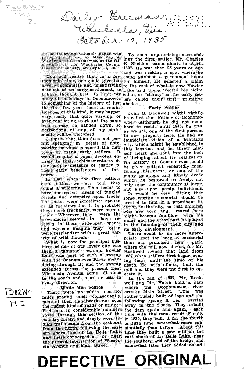 Early history of Oconomowoc Newspaper Article/Clipping Wisconsin Historical Society