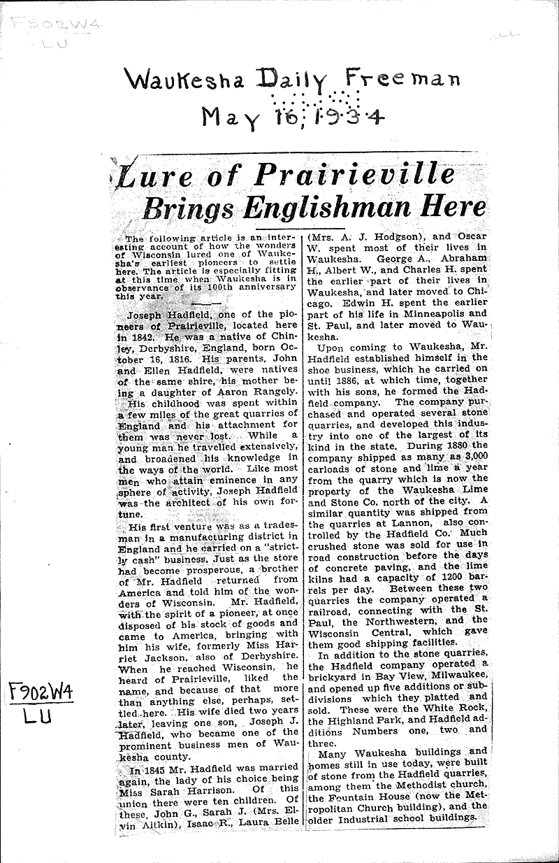 Lure of Prairieville brings englishman here Newspaper Article