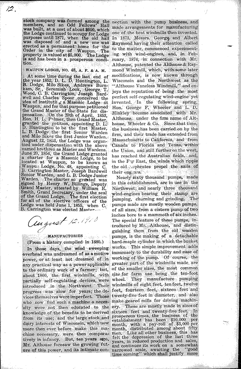 History of Waupun Newspaper Article/Clipping Wisconsin Historical