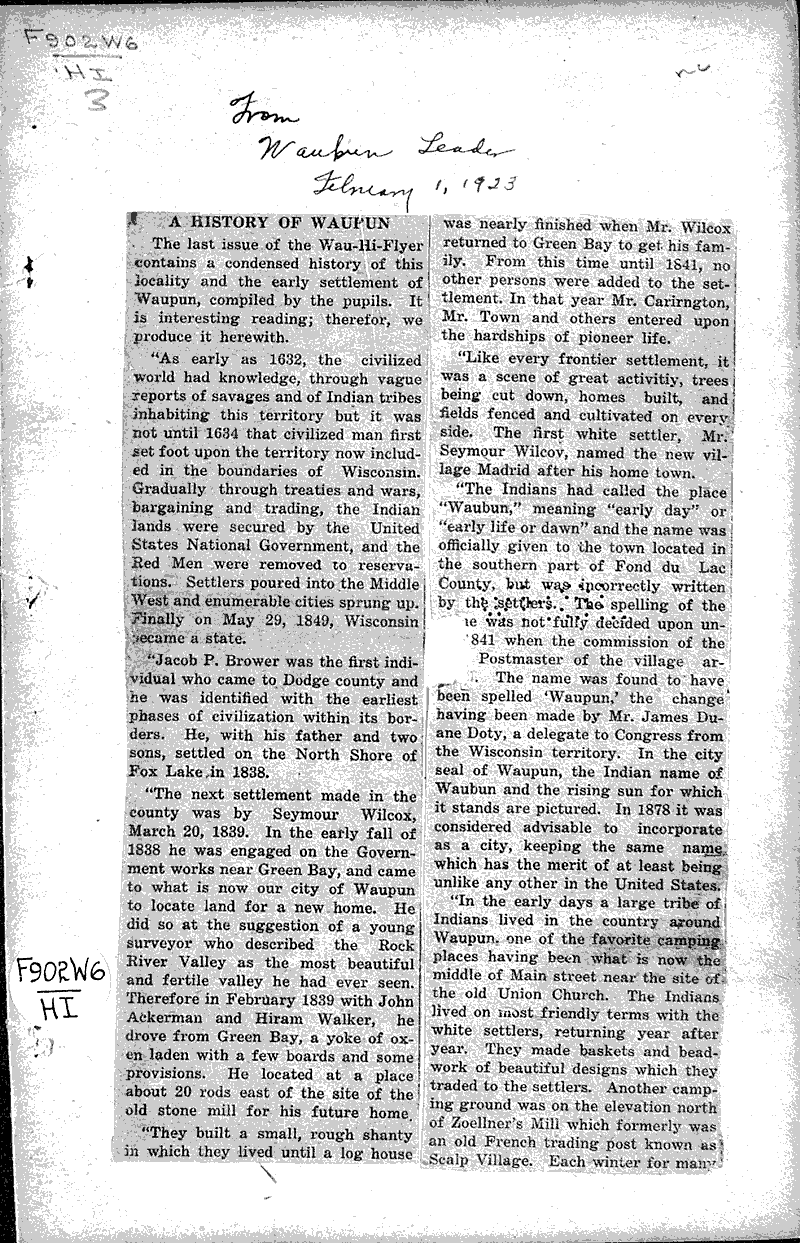 A history of Waupun Newspaper Article/Clipping Wisconsin Historical