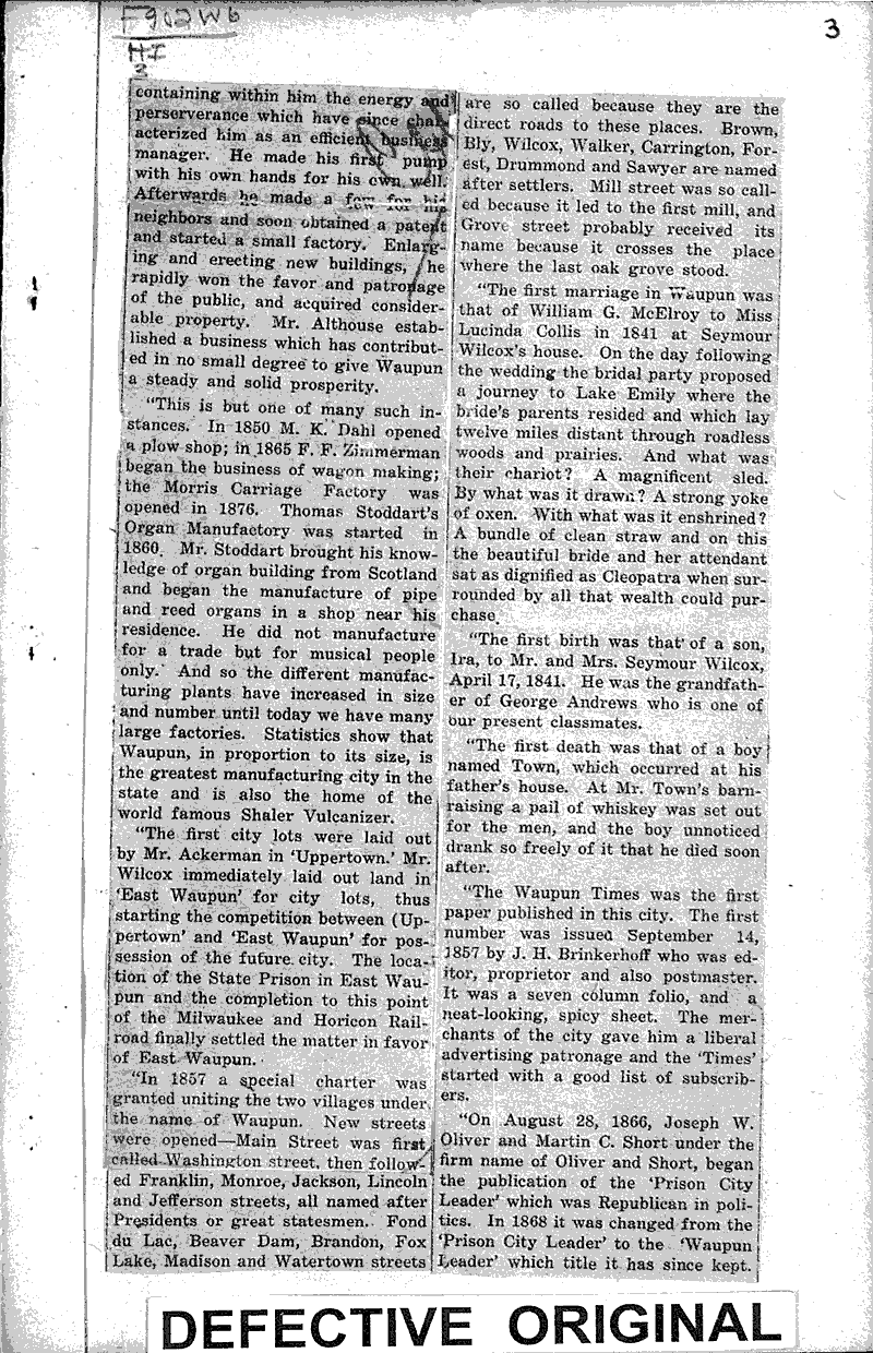 A history of Waupun Newspaper Article/Clipping Wisconsin Historical