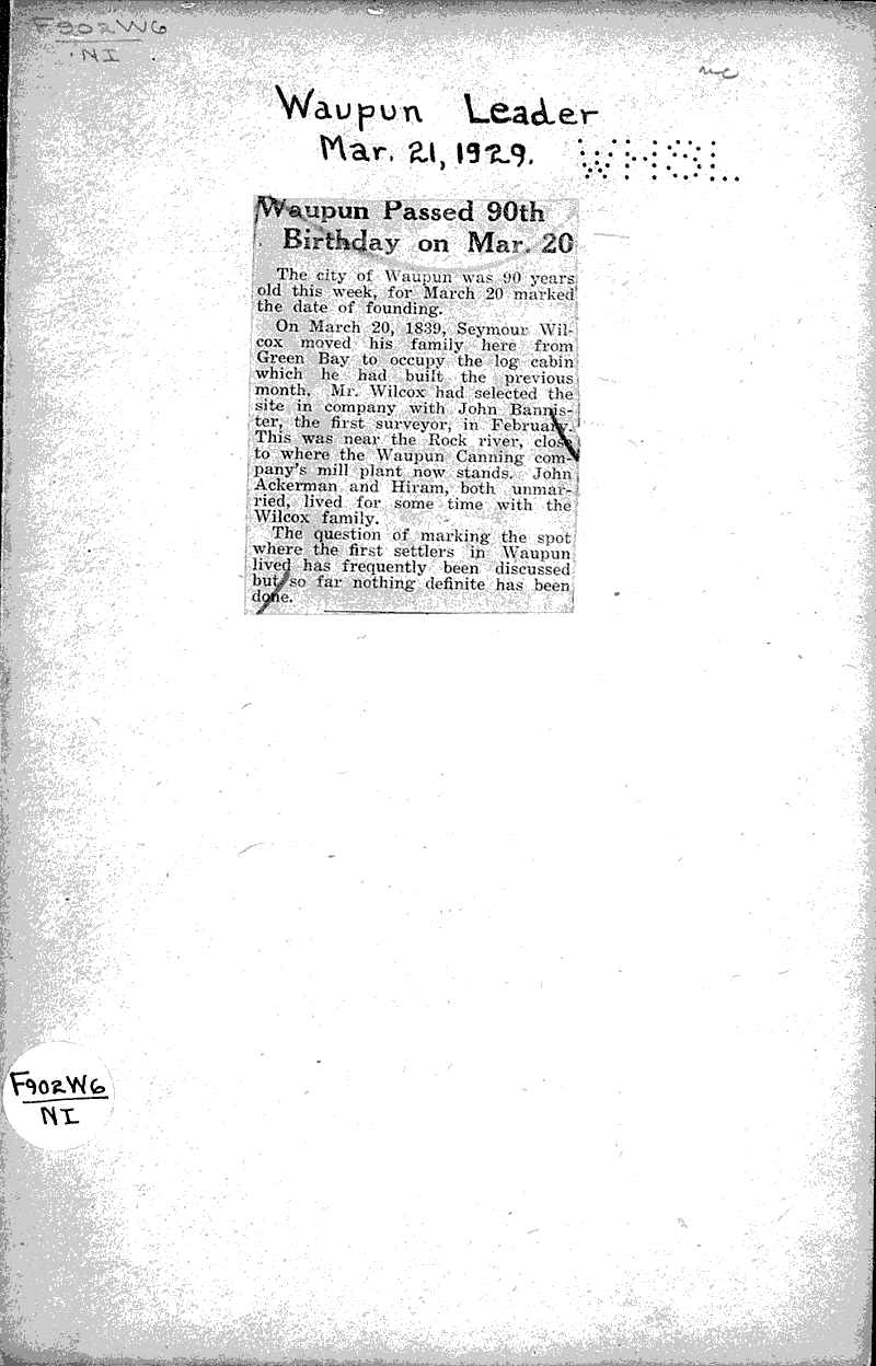 Waupun passed 90th birthday on Mar. 20 Newspaper Article/Clipping