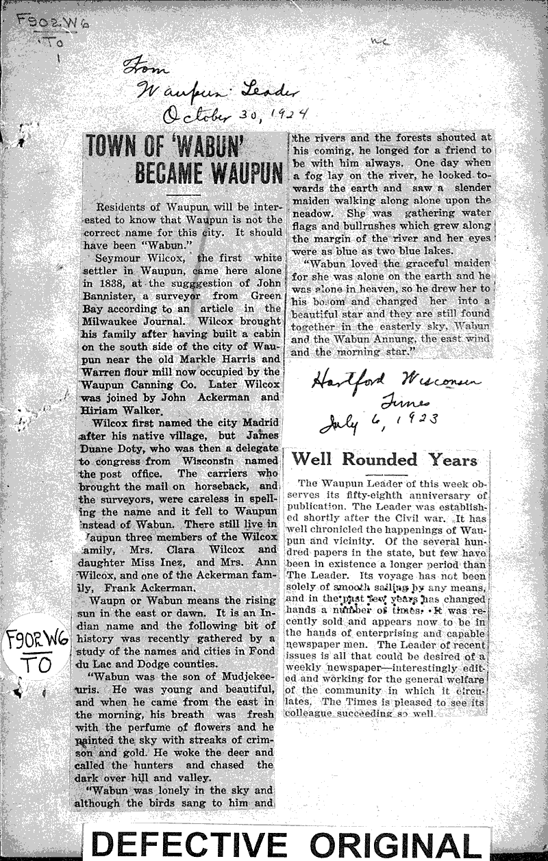 Town of 'Wabun' became Waupun Newspaper Article/Clipping Wisconsin