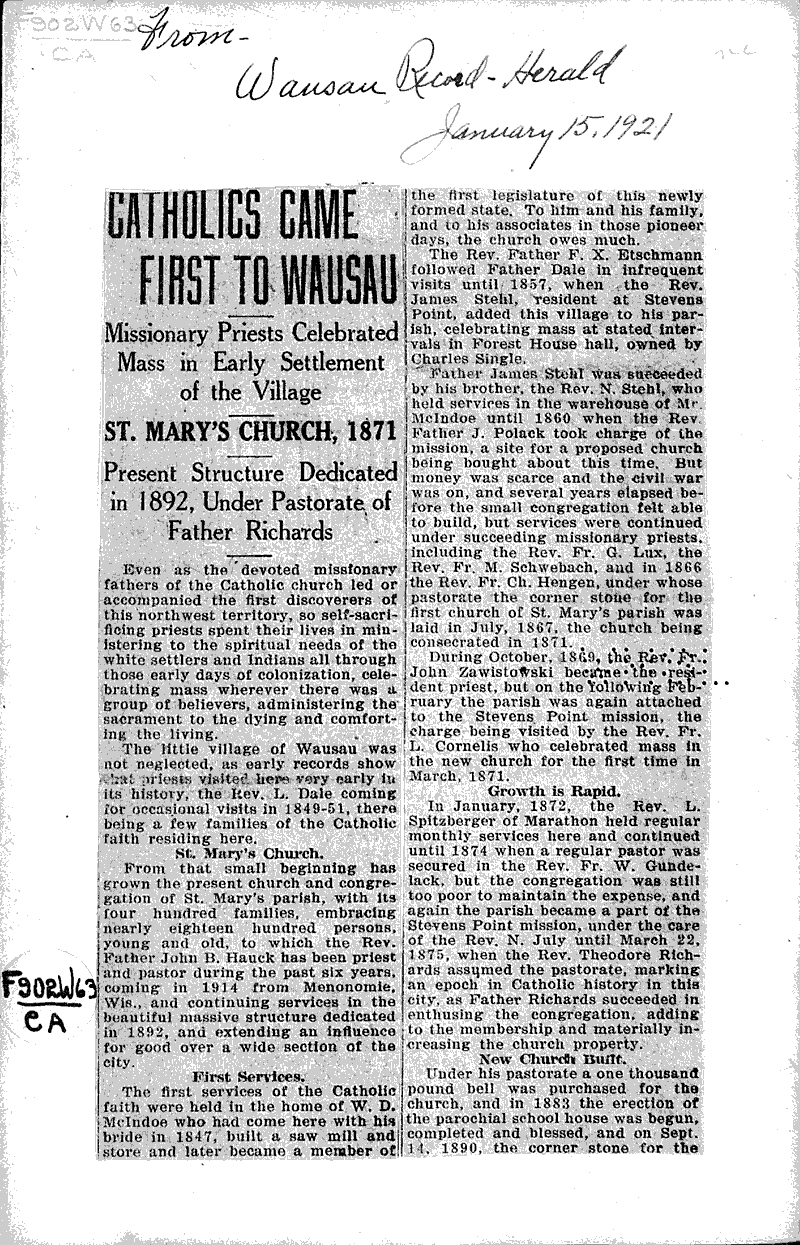 Catholics came first to Wausau Newspaper Article/Clipping Wisconsin