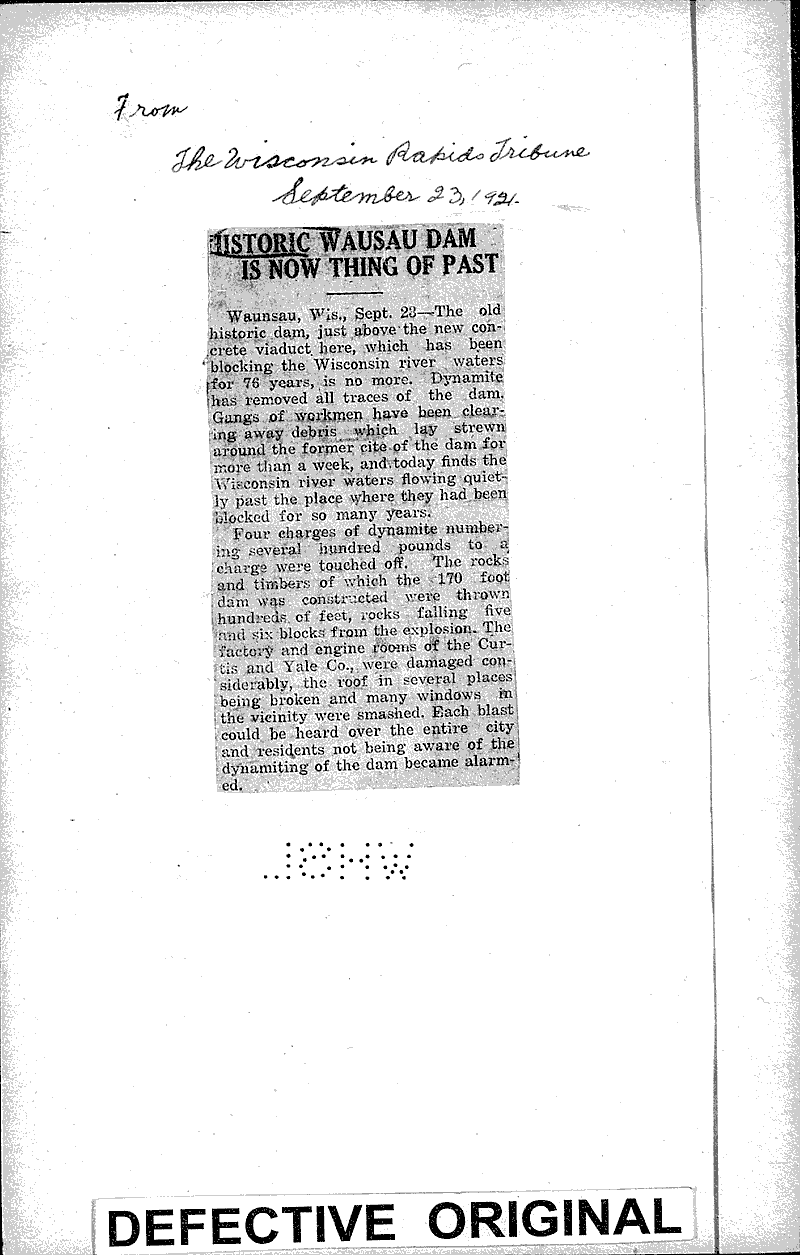 Historic Wausau dam is now thing of past Newspaper Article/Clipping