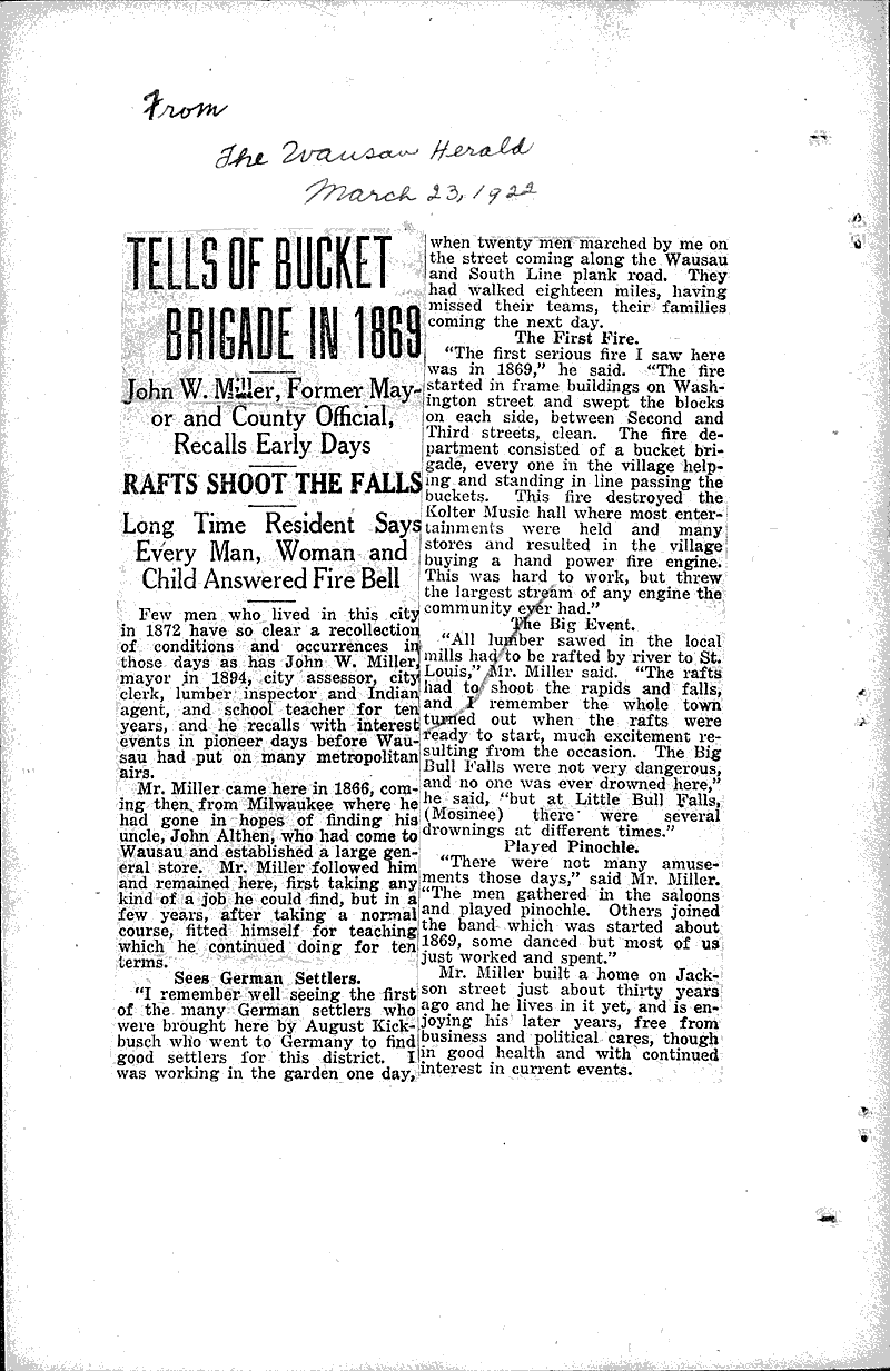 Tells of bucket brigade in 1869 Newspaper Article/Clipping