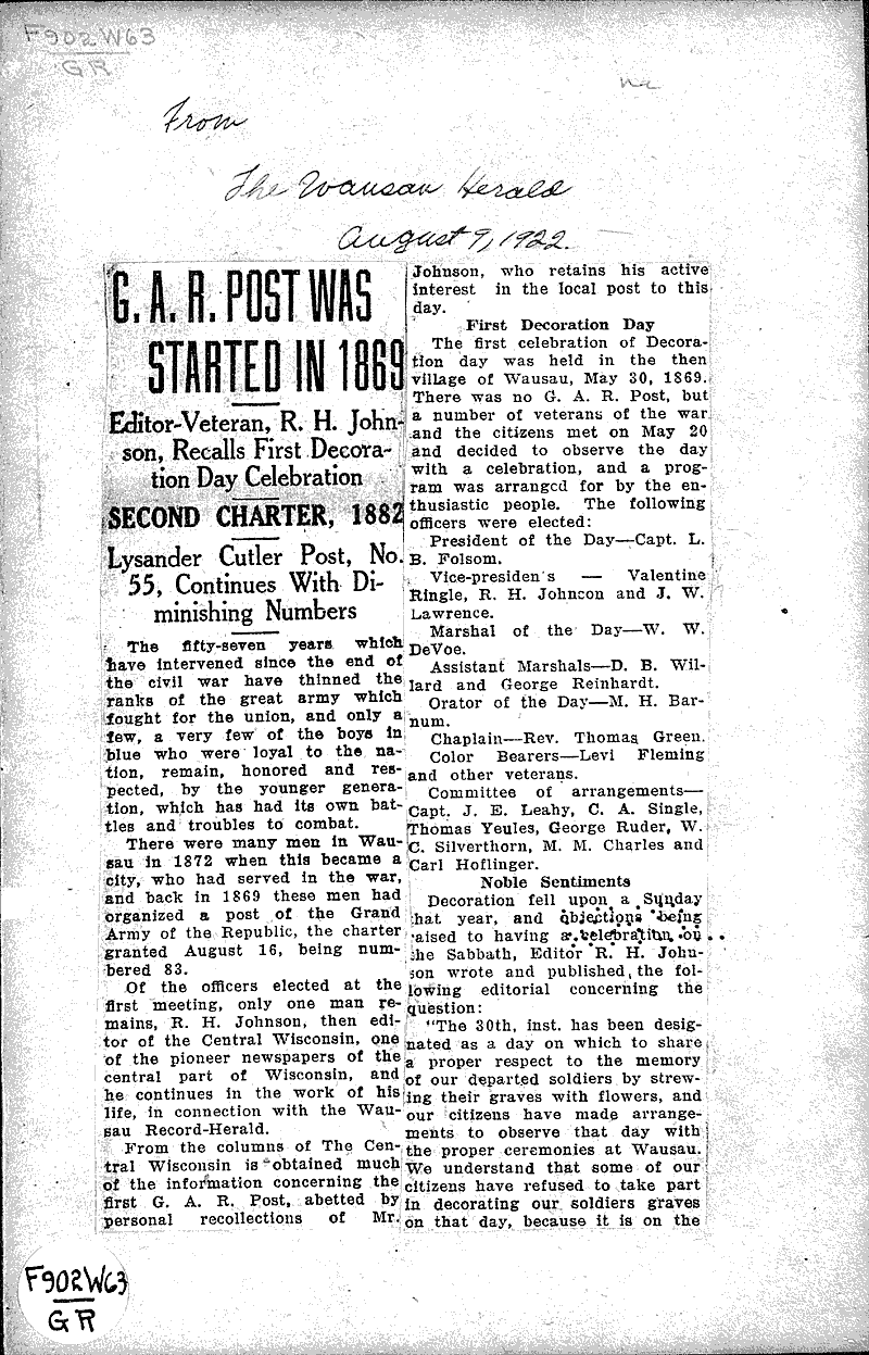  Source: Wausau Herald Topics: Civil War Date: 1922-08-09