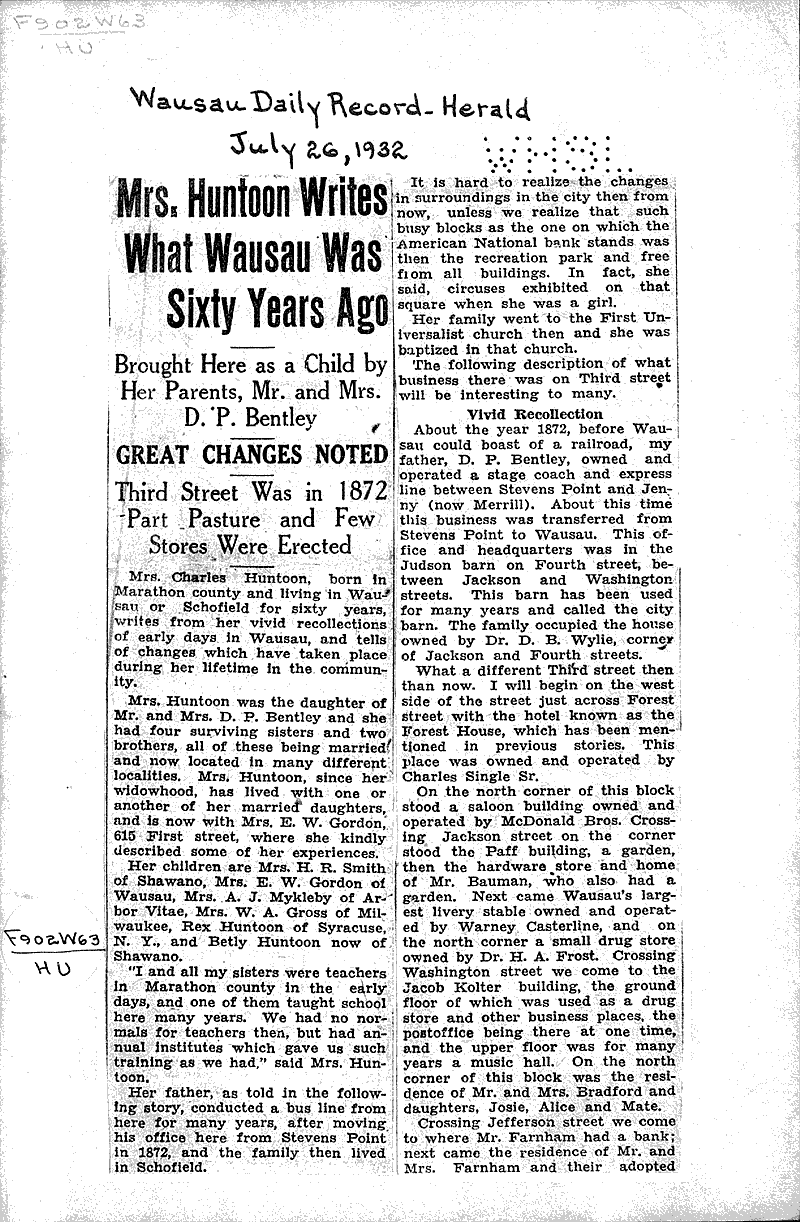 Mrs. Huntoon writes what Wausau was sixty years ago Newspaper Article
