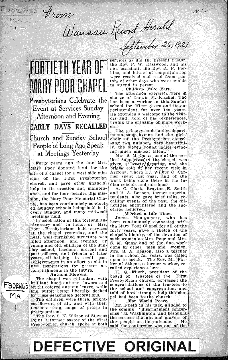  Source: Wausau Record-Herald Topics: Church History Date: 1921-09-26