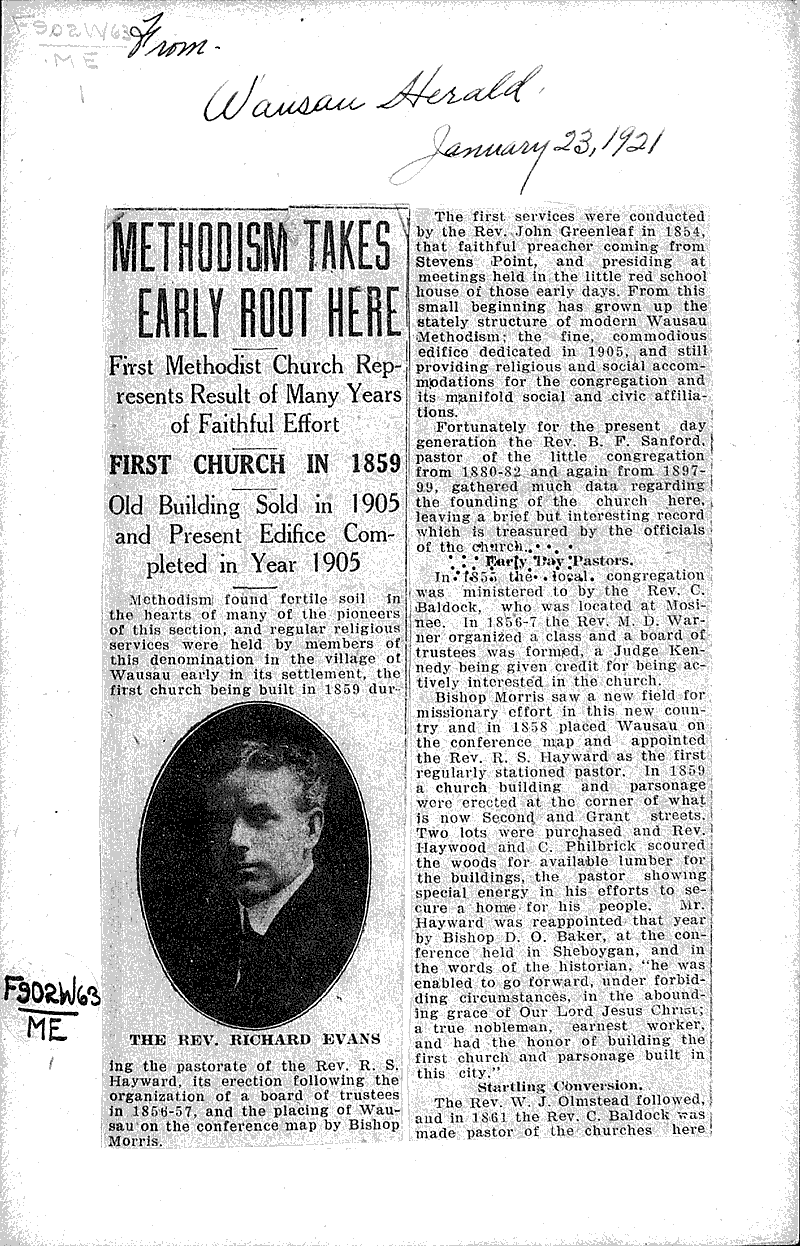  Source: Wausau Herald Topics: Church History Date: 1921-01-23