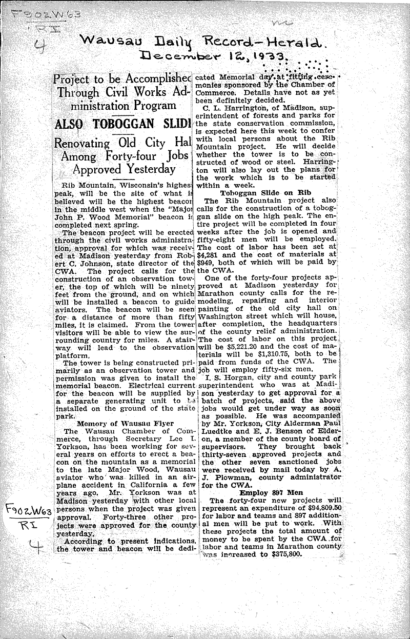 Project to be accomplished through civil works administration program Source: Wausau Daily Record-Herald Date: 1933-12-12