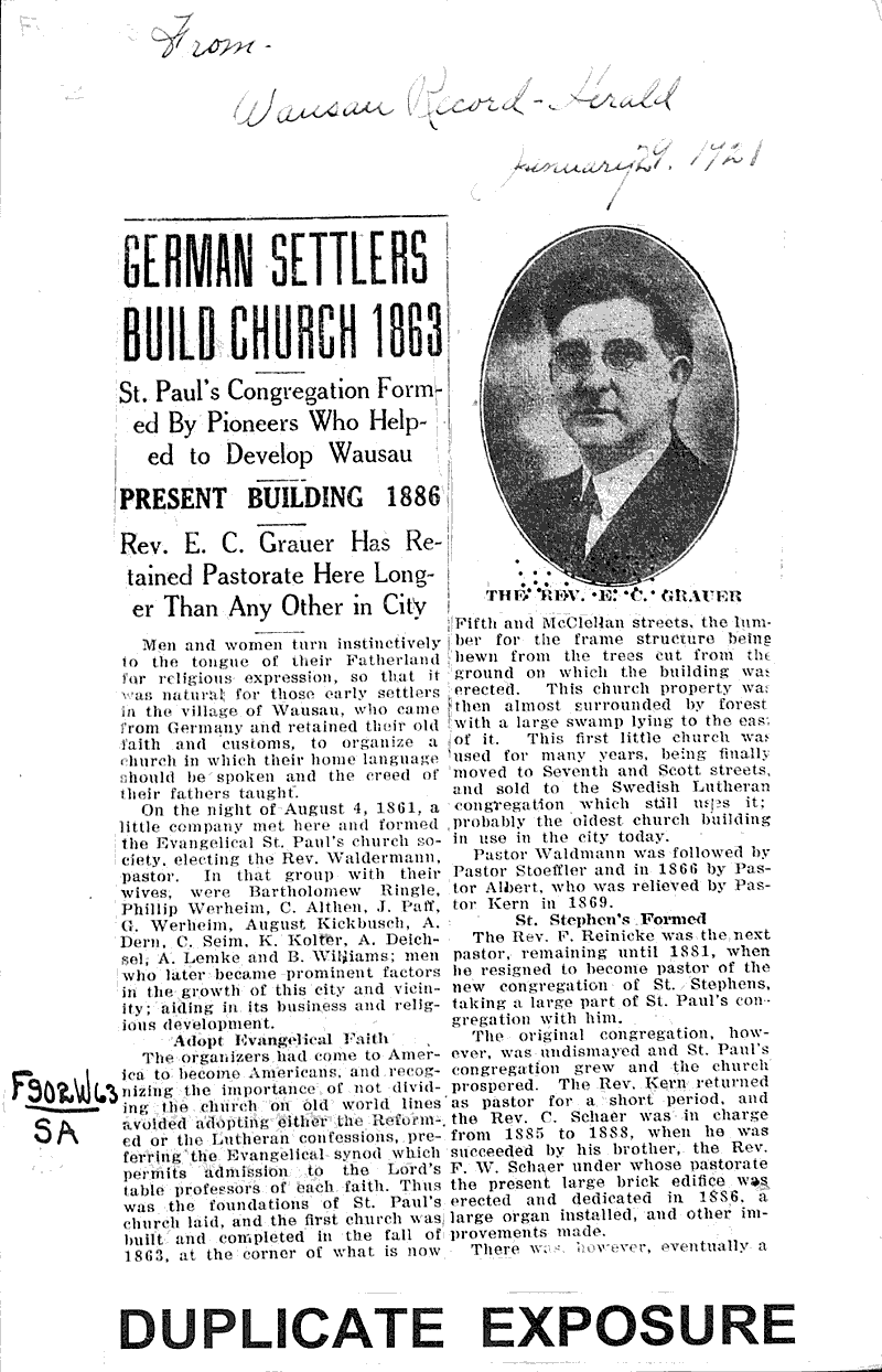  Source: Wausau Record-Herald Topics: Church History Date: 1921-01-29