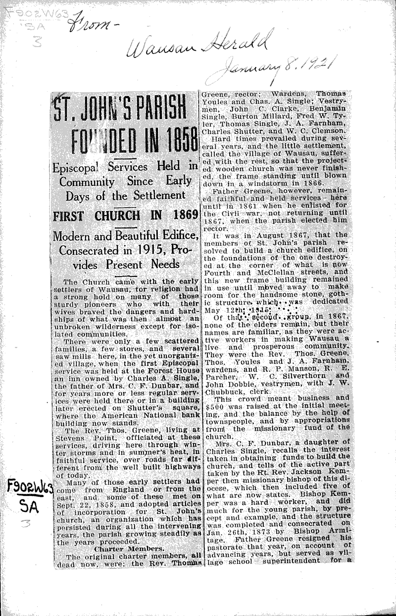  Source: Wausau Herald Topics: Church History Date: 1921-01-08