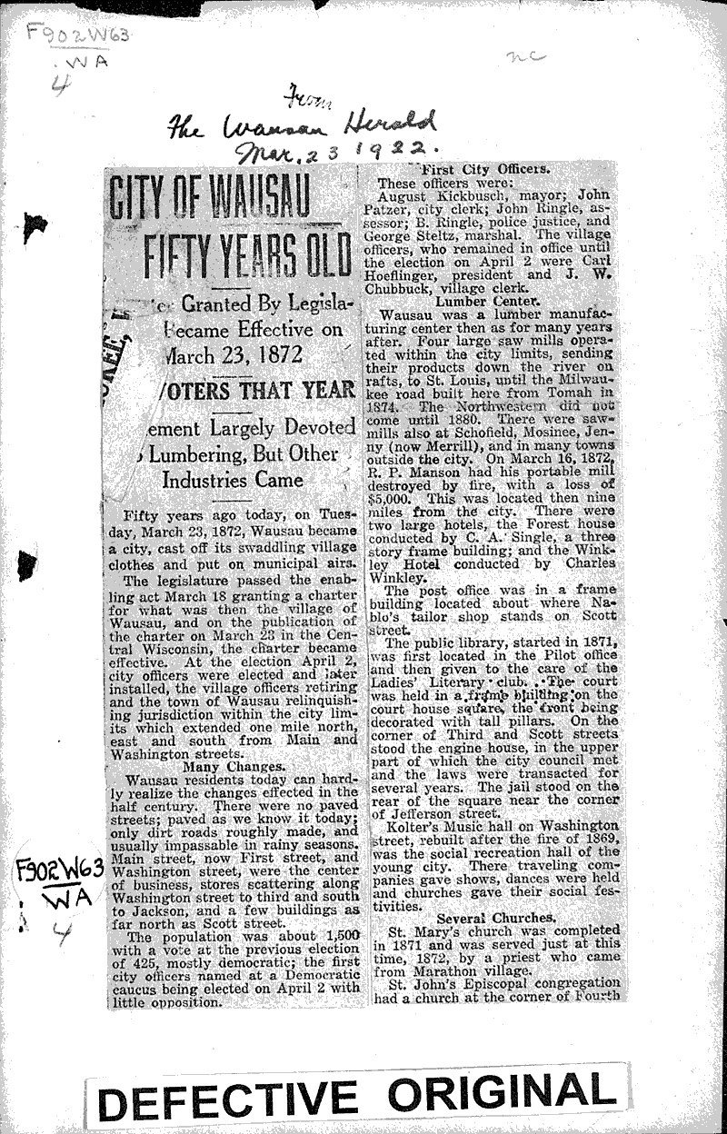 City of Wausau fifty years old Newspaper Article/Clipping Wisconsin