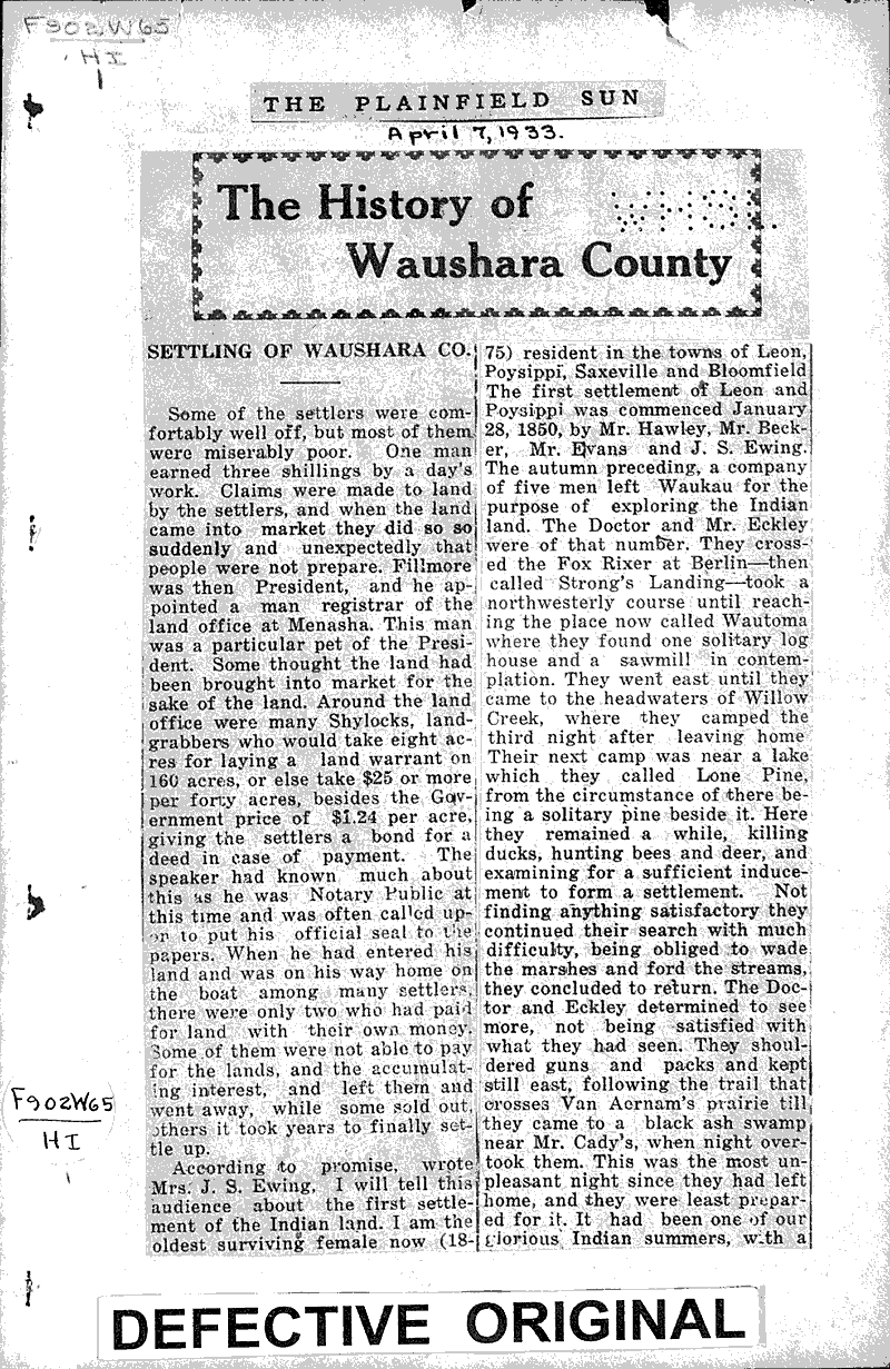 The history of Waushara County Newspaper Article/Clipping Wisconsin