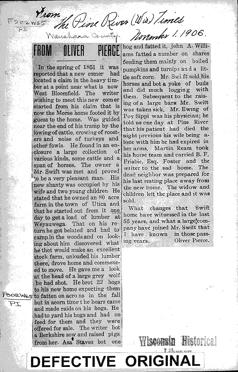 From Oliver Pierce Newspaper Article/Clipping Wisconsin Historical