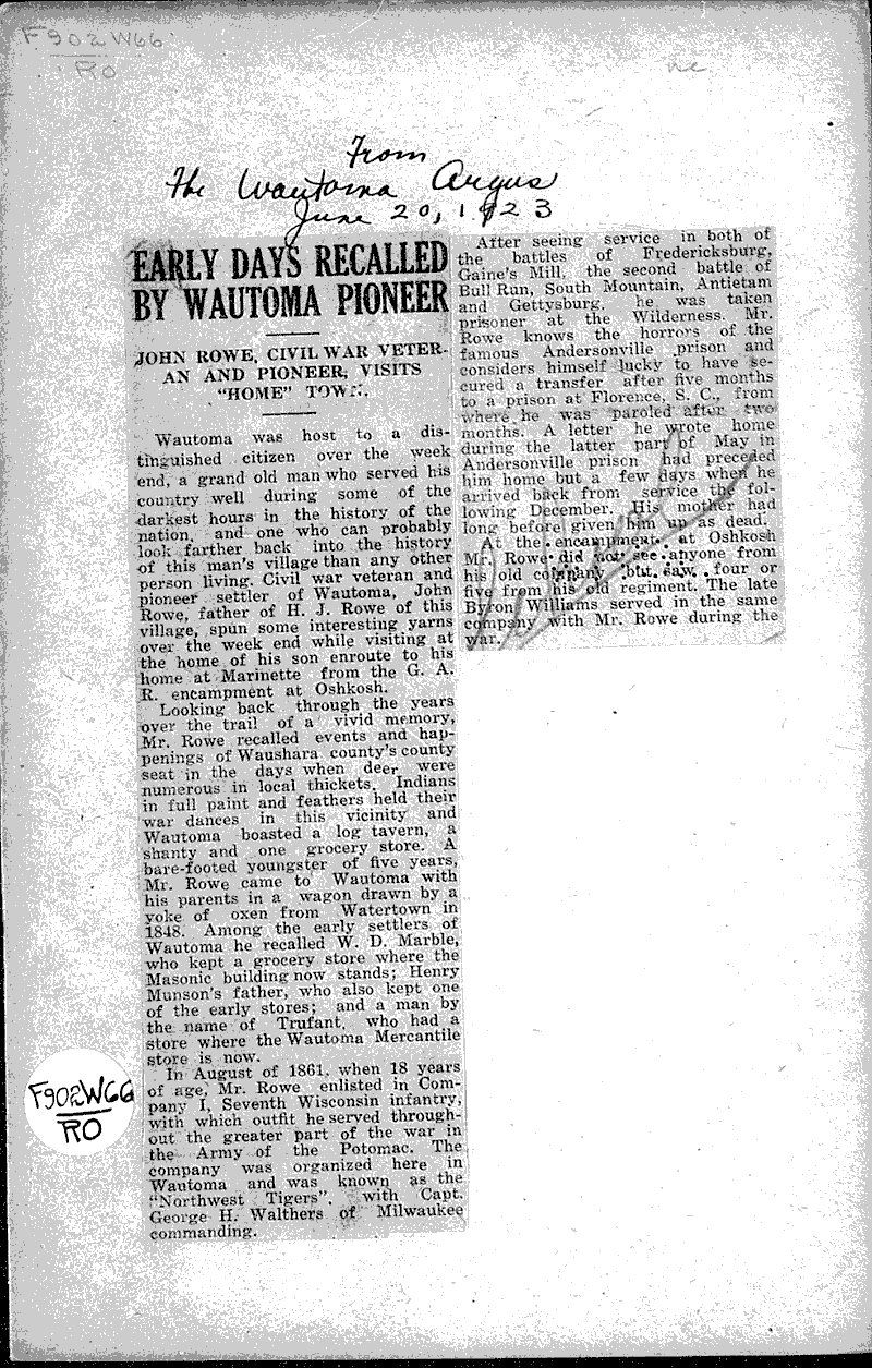 Early days recalled by Wautoma pioneer Newspaper Article/Clipping