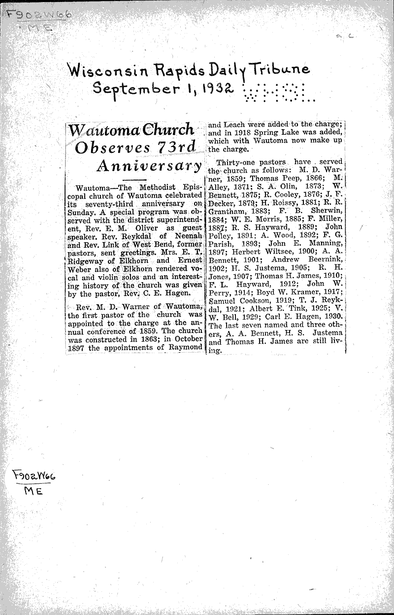 Wautoma church observes 73rd anniversary Newspaper Article/Clipping