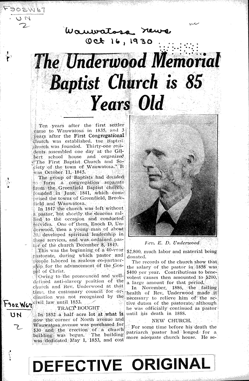  Source: Wauwatosa News Topics: Church History Date: 1930-10-16