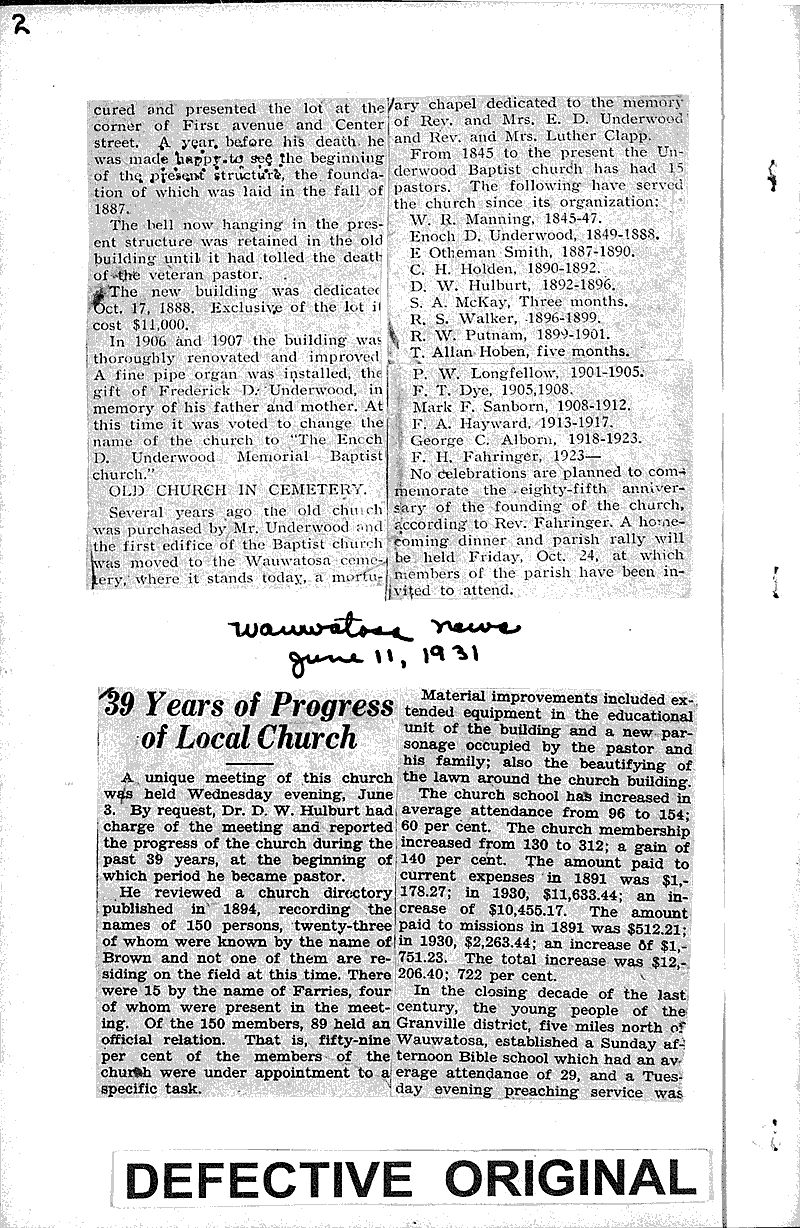  Source: Wauwatosa News Topics: Church History Date: 1930-10-16