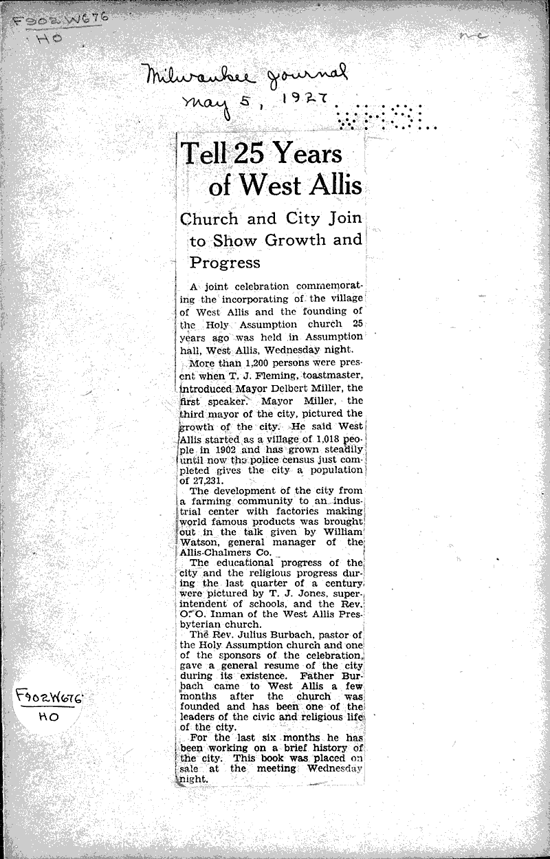 Tell 25 years of West Allis Source: Milwaukee Journal Date: 1927-05-05