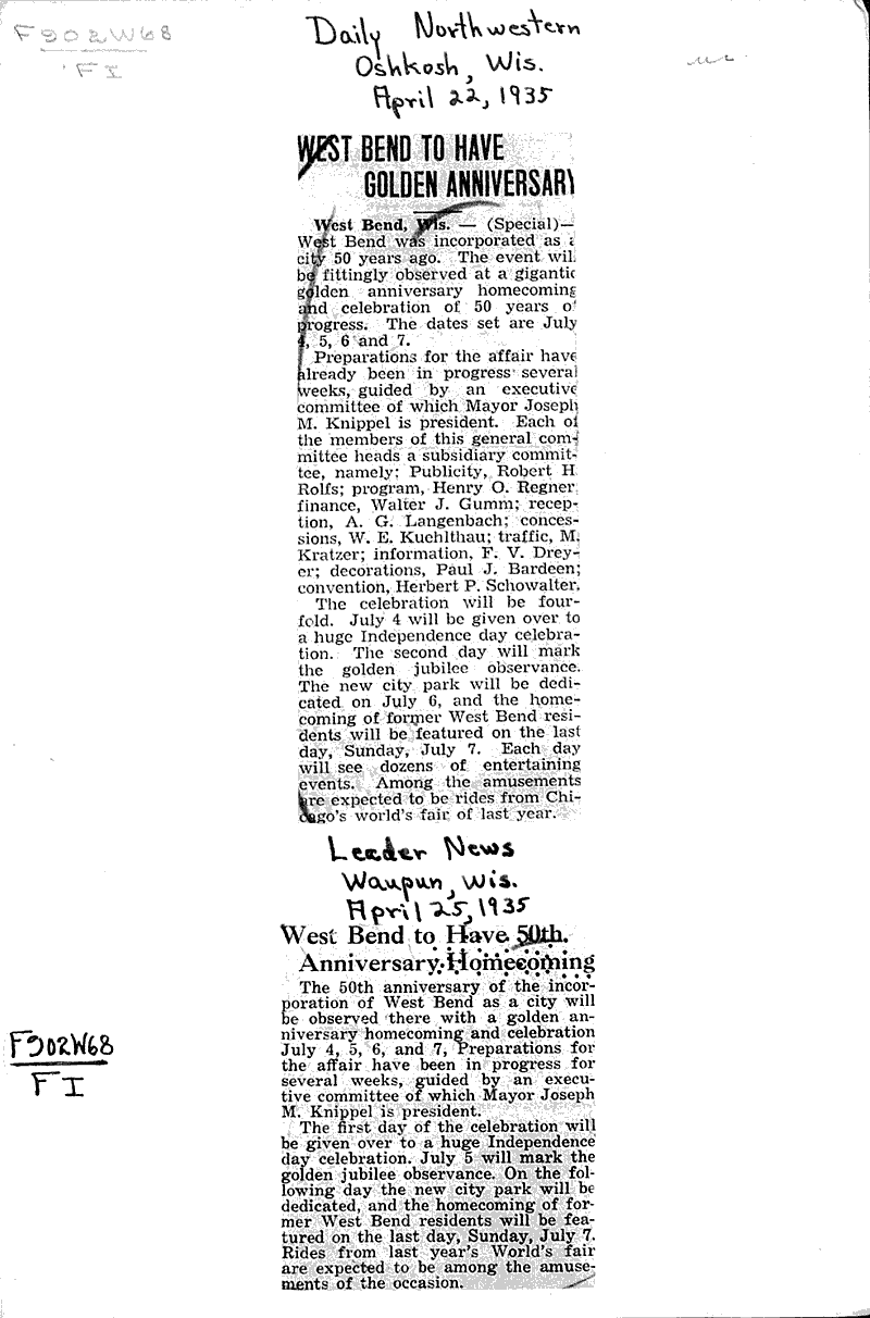 West Bend to have 50th anniversary Newspaper Article