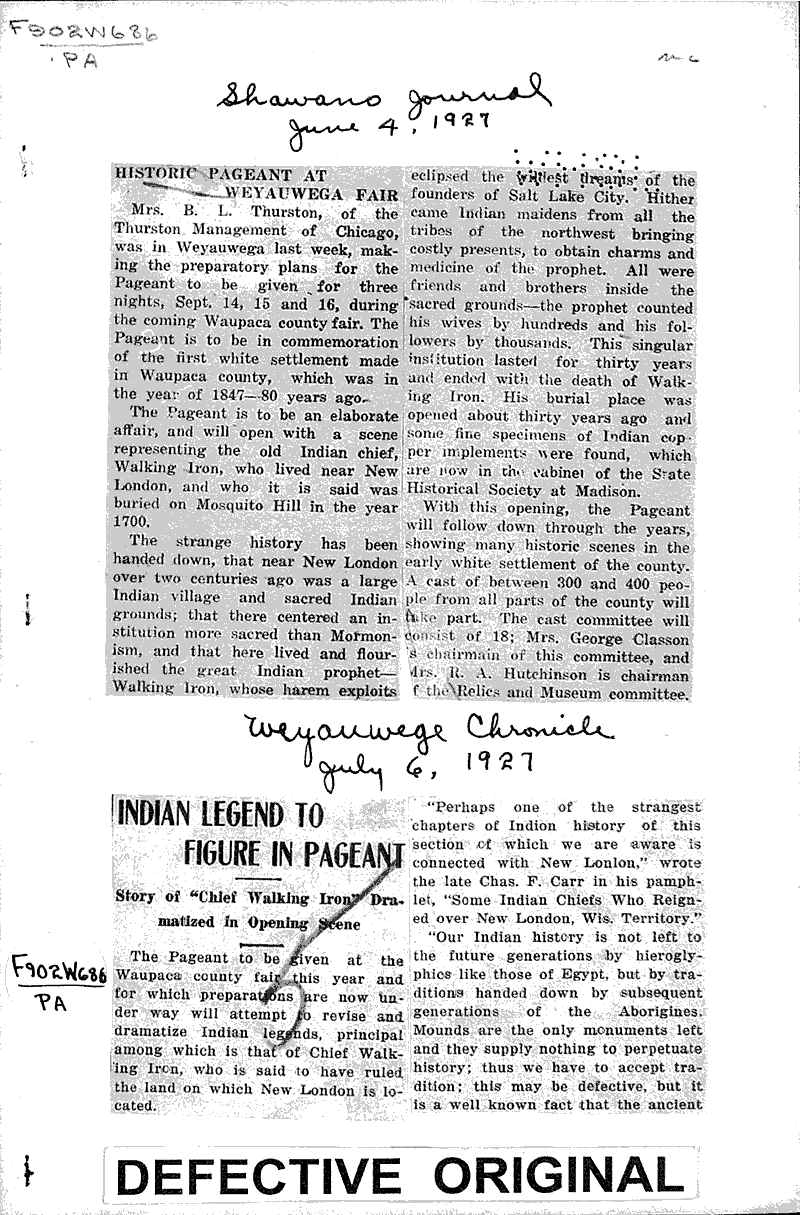 Historic pageant at Weyauwega fair Newspaper Article/Clipping