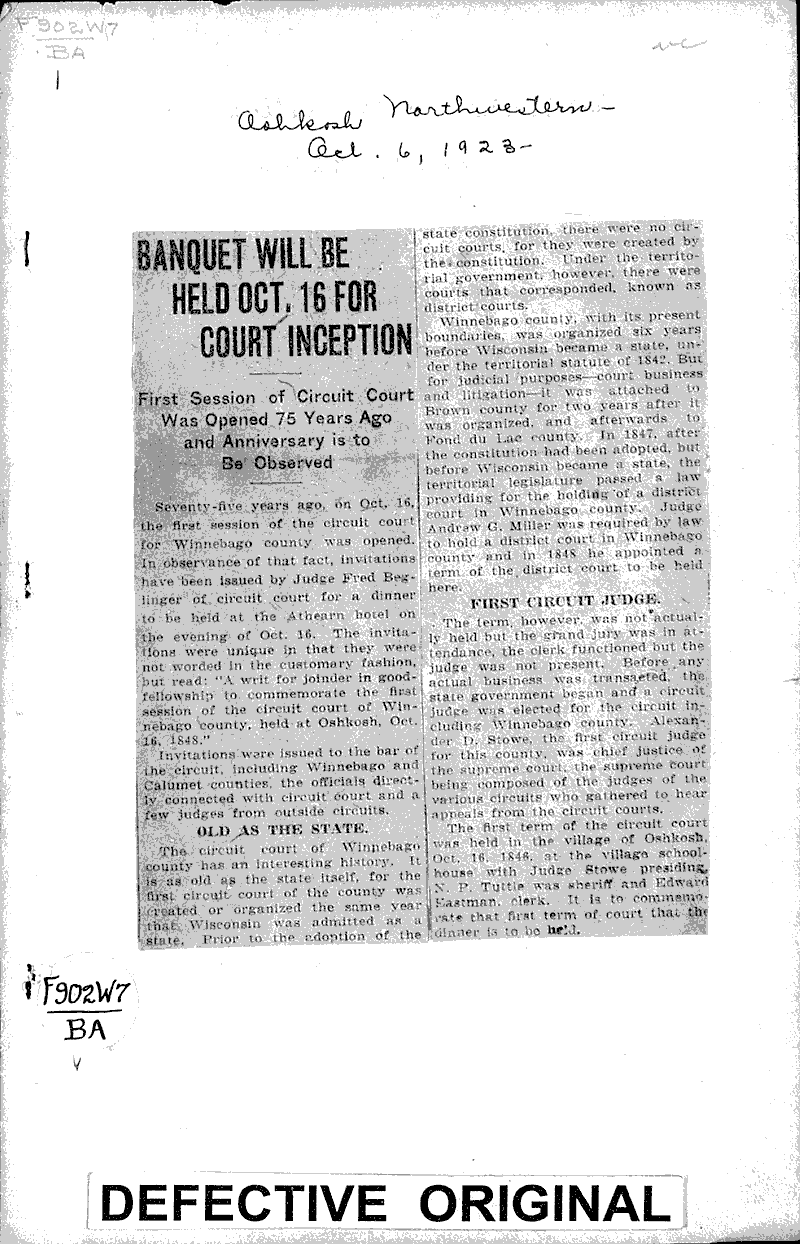  Source: Oshkosh Northwestern Topics: Government and Politics Date: 1923-10-06