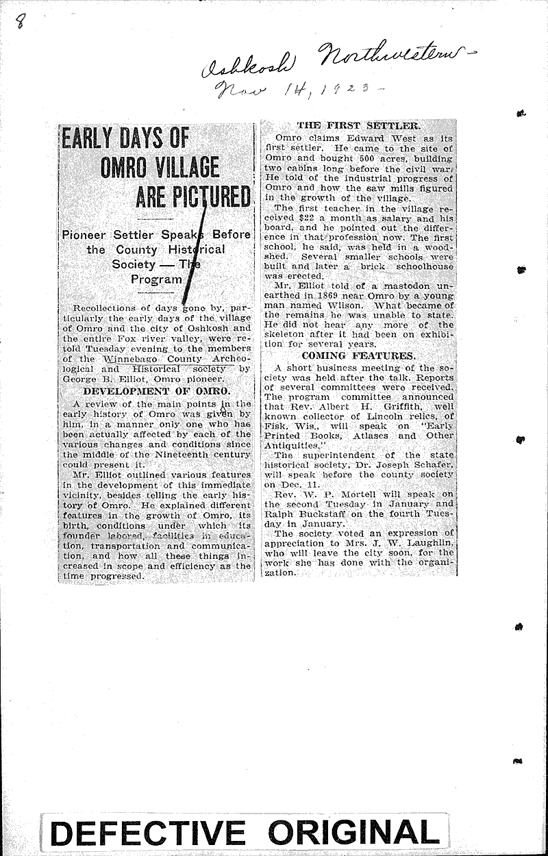 Early days of Omro village are pictured Newspaper Article/Clipping Wisconsin Historical Society