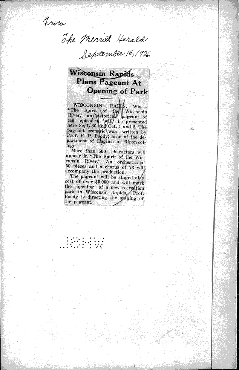 Wisconsin Rapids plans pageant at opening of park Newspaper Article