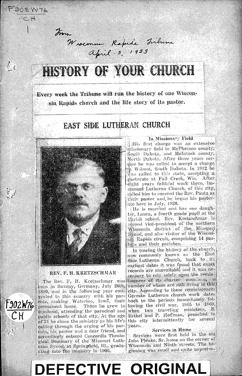  Source: Wisconsin Rapids Tribune Topics: Church History Date: 1923-04-03