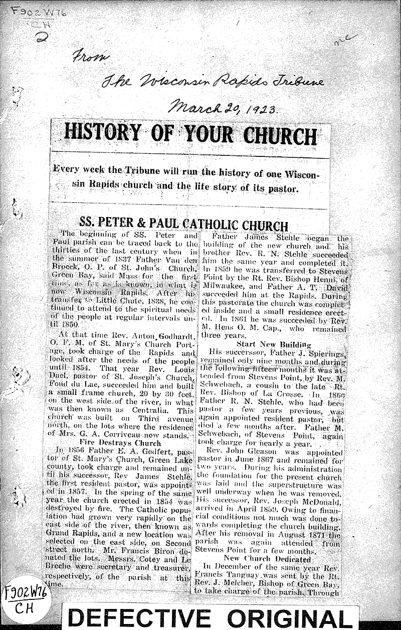  Source: Wisconsin Rapids Tribune Topics: Church History Date: 1923-03-20